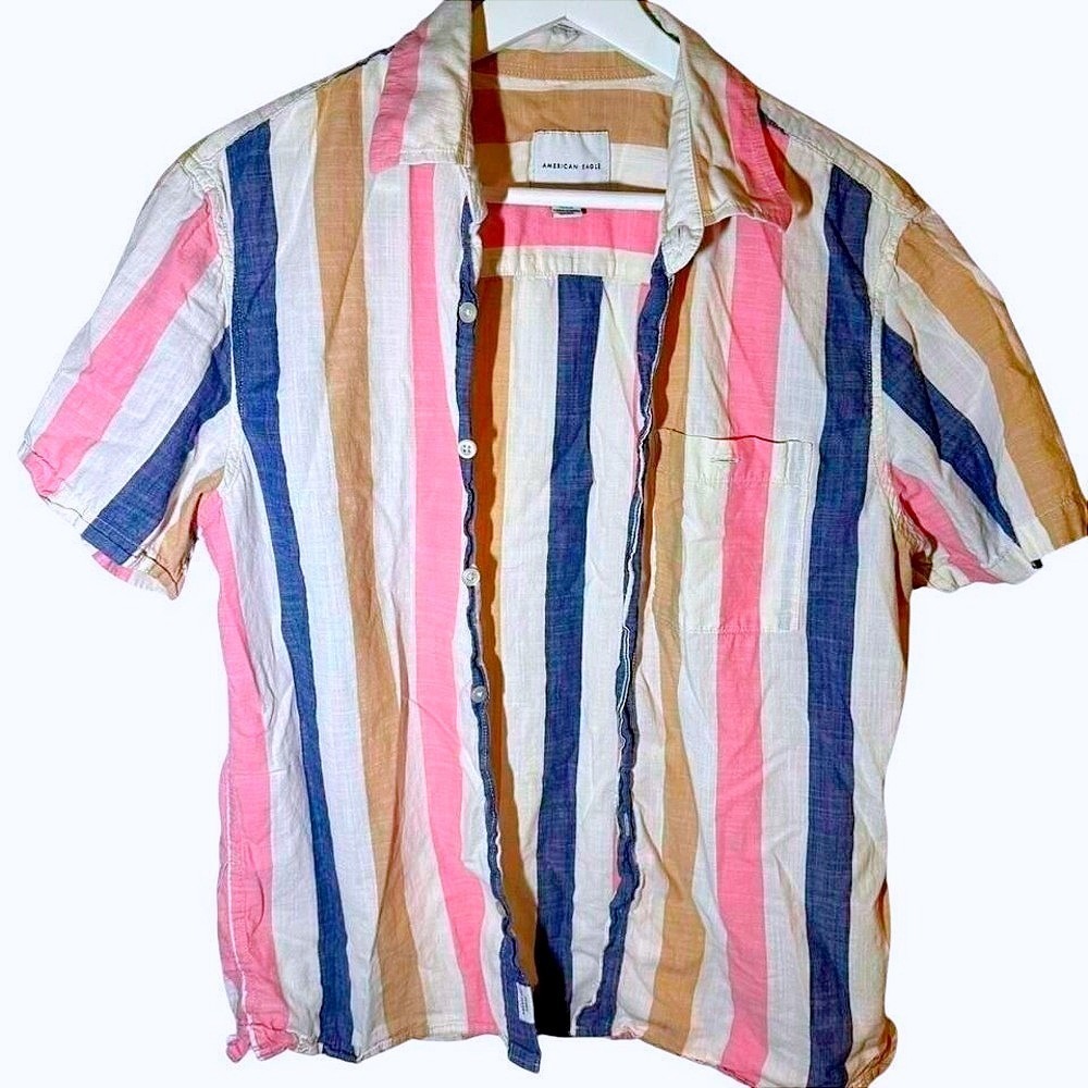 American Eagle Mens Short Sleeve Button Down Shirt Linen